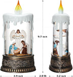 Nativity Snow Globe Candle Christmas Decorations Indoor Auto Snowfall Glitter Music Collection Angel Nativity Scene Peace on Earth with 6H Timer USB/Battery Powered 9.7 inch