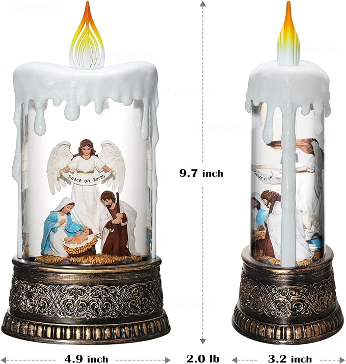 Nativity Snow Globe Candle Christmas Decorations Indoor Auto Snowfall Glitter Music Collection Angel Nativity Scene Peace on Earth with 6H Timer USB/Battery Powered 9.7 inch