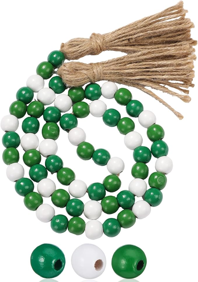 Equsion Seasonal Wooden Bead Garland with Tassels, 3.3 ft Holiday Vintage Boho Bead Garland Easter Tray Decoration, Vase Wall Room Art Birthday Party Decoration(Gradient Green)