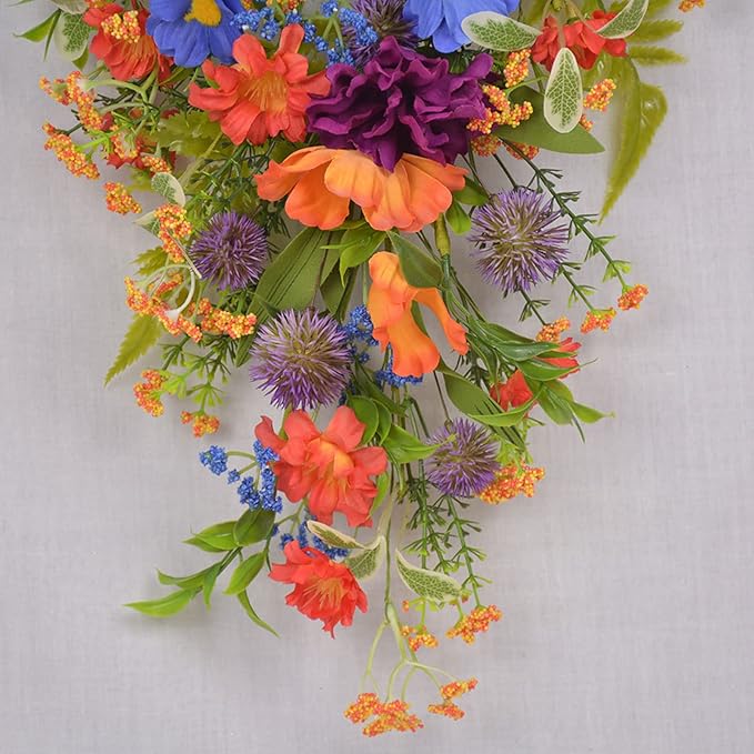 DULRLLY Spring Summer Front Door Teardrop Wreath, 25 Inch Decorative Swag with Colorful Flower and Green Leaves, Artificial Floral Swag for Wedding Arch Window Wall Decor