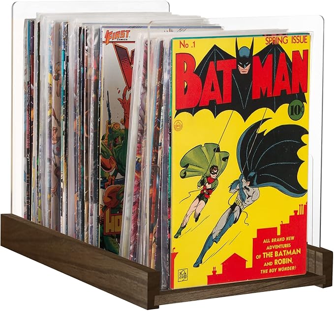 Patented Comic Book Storage Holder – Wooden & Acrylic Display Box/Case for Collectors – Organizer for Comics, Magazines & Books – Holds 150 Issues, 14.5x8 in (Dark Walnut)