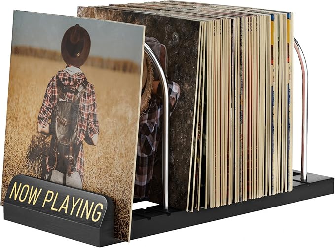 BS-VOG Now Playing Vinyl Record Stand, 50 LP Vinyl Record Storage with Non-slip Grooves, Wood Now Spinning Vinyl Record Holder for Albums Magazine Rack Magazine Organizer Record Display, Gift Package