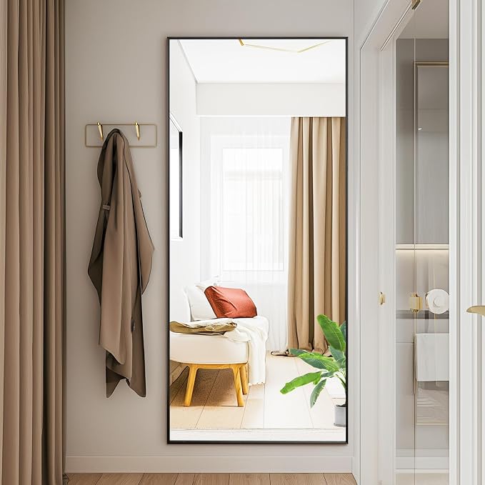 DUMOS 64"x21" Full Length Mirror with Stand, Floor Standing Aluminum Frame, ShatterProof Nano Glass for Bedroom, Living Room, Cloakroom Modern Simple Home Decor, Can Be Hanging, Leaning or Wall, Black
