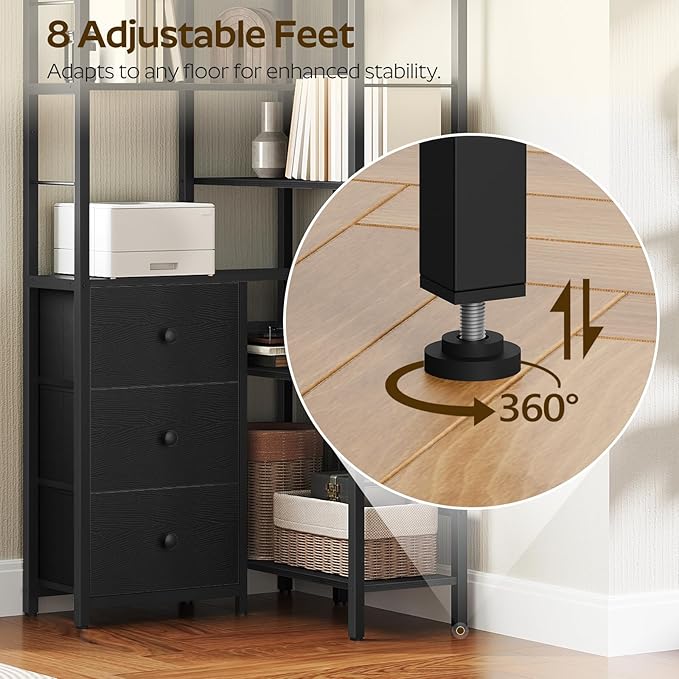 YATINEY Corner Bookshelf, 7 Tier L-Shaped Bookcase with 3 Drawers, Storage Corner Shelf, Freestanding Tall Display Shelf, Industrial Style, for Living Room, Home Office, Black SJ10BB