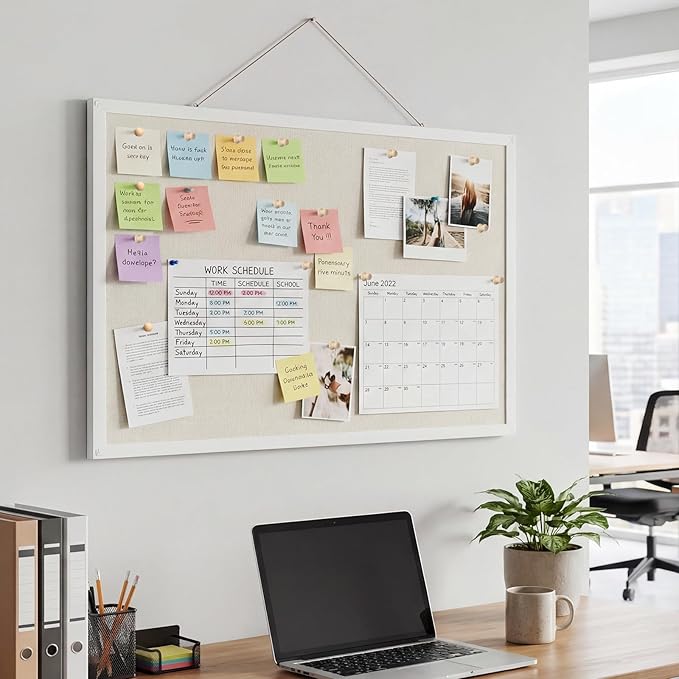 Thboxes Cork Board with Linen, 30" x 20" Double-Sided Bulletin Board Corkboard for Wall Picture Display Framed Vision Boards for Home Office School Pin Boards with 20 Pushpins &10 Clips