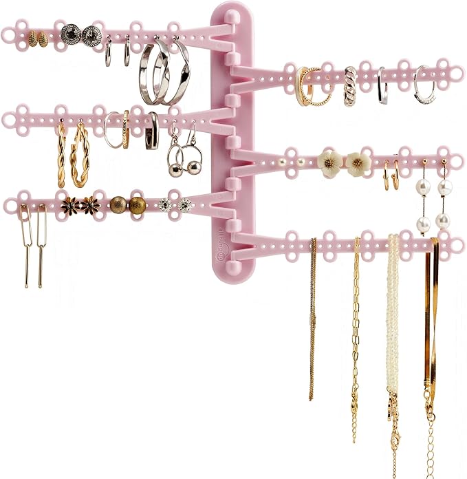 6-Tier Wall Jewelry Organizer Wall Mounted Jewelry Organizer Earring Holder Wall Mount Hanging Necklace Organizer Jewelry Hanger Hanging Necklace Holder Organizer Display (Pink)