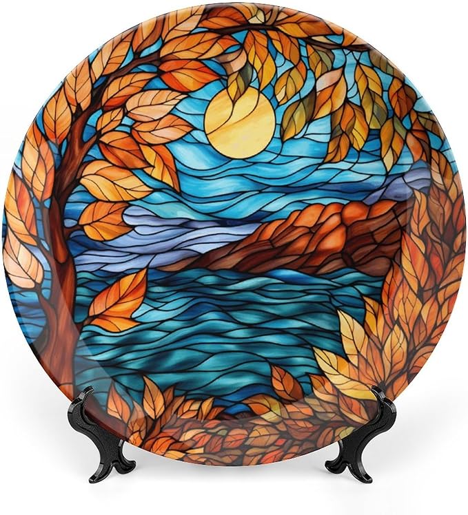 Stained Glass Design Fall Maple Tree Night Decorative Plates Home Decor Ceramic Plates, Fall Season Dinner Plates Display for Living Room, Kitchen, Gifts for Thanksgiving, 7 Inch