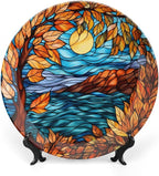 Stained Glass Design Fall Maple Tree Night Decorative Plates Home Decor Ceramic Plates, Fall Season Dinner Plates Display for Living Room, Kitchen, Gifts for Thanksgiving, 7 Inch