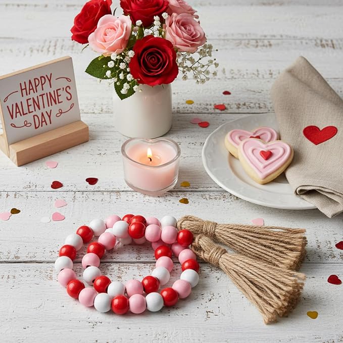 Equsion Seasonal Wooden Bead Garland with Tassels, 3.3 ft Holiday Vintage Boho Bead Garland Easter Tray Decoration, Vase Wall Room Art Birthday Party Decoration(Valentine's Day Colors)