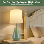 Small Bedside Table Lamp for Bedroom - Reading Desk Lamp with 3 Color Temperatures，15.5" Nightstand Ceramic Lamp with Fabric Shade for Kids Room,Living Room,Dorm,Home Office (Green+White)