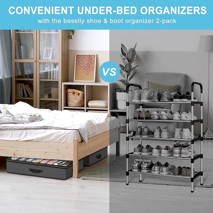 Under Bed Shoe Storage Organizer for Closet, Fits 32 Pairs Underbed Shoes Box Storage Containers Under the Bed Storage Foldable with Sturdy Handles&Clear Window for College Dorms Grey, Set of 2