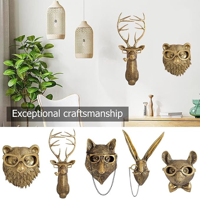 GUASDIE Animal Heads Wall Decor, Gold Faux Deer Head Mount, Animal Sculptures Wall Decor, Vintage Resin Hanging Decoration for Living Room Bedroom Kitchen Office Gift,5pcs