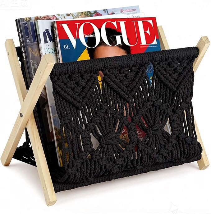 Boho Macrame Magazine Holder,Hand-Woven Magazine Rack for Home Office Desktop, Storage Basket for Letters, Magazines, Books and Newspapers (Black)