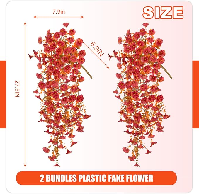 Fake Fall Hanging Flowers Artificial for Outdoor Decoration, 2 PCS Autumn Silk Faux Flowers Morning Glory with Eucalyptus Leaves, Realistic Hanging Plants for Wedding Home Office Garden Decor, Red