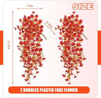 Fake Fall Hanging Flowers Artificial for Outdoor Decoration, 2 PCS Autumn Silk Faux Flowers Morning Glory with Eucalyptus Leaves, Realistic Hanging Plants for Wedding Home Office Garden Decor, Red