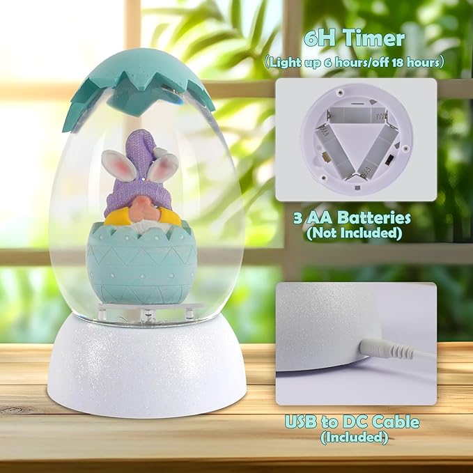 Gnome Easter Snow Globe, Easter Bunny Snow Globe Eggs Spring Decor with Swirling Glitter, 6H Timer, USB or Battery Powered, Speak No Evil Gnome Snowglobe for Tabletop Decor Gift 7.4 Inch (Blue)