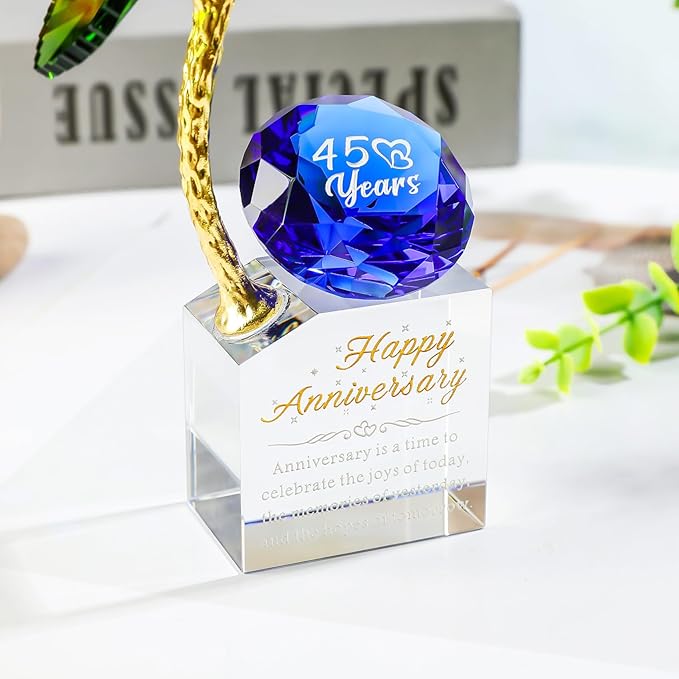 YWHL 45th Wedding Anniversary Rose Gifts for Parents, 45 Years Happy Anniversary Sapphire Gift for Couples, Romantic Sapphire Wedding Keepsake for Wife Her, Crystal Rose Figurine with Blue Diamond