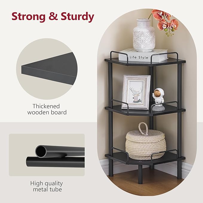 Tajsoon Corner Shelf Stand, 3 Tier Industrial Corner Shelves, Multipurpose Standing Display Shelf, Corner Shelving Unit for Bedroom, Living Room, Office, Kitchen, Black