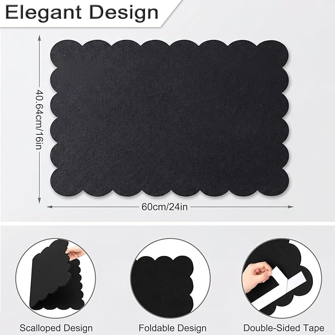 Foldable Decorative Scalloped Felt Bulletin Board 24 * 16 Inches for Wall, Alternative Photo Board Self-Adhesive Vision Board Decorative Pin Board for Wall (Black)