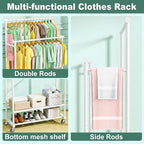 Double Rods Clothes Rack for Hanging Clothes, Heavy Duty Rolling Clothing Rack with Wheels, Freestanding Garment Racks with Oxford Bottom Shelf and Mesh Bottom Shelf for Bedroom Laundry Living Room