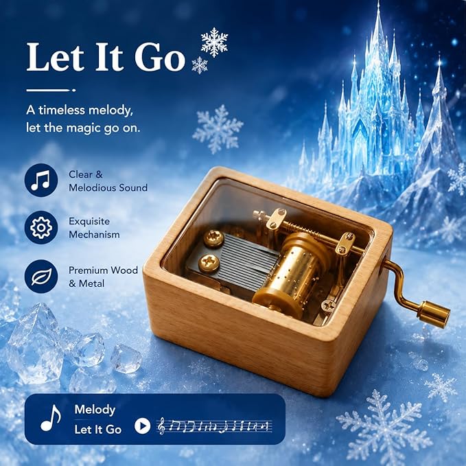 Hand Crank Wooden Music Box - Beech Wood with Clear PVC Window, Premium Golden Movement, Mini Size 6x4.5x3cm, 80g - Ideal Gift for Loved Ones (Contemporary, Let It Go)