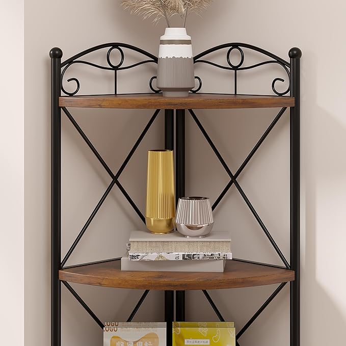 VECELO 5 Tier Corner Shelf Stand, 55.2" Tall Corner Bookshelf, Plant Stand, Rustic Brown Corner Storage Shelf for Living Room, Kitchen, Bedroom, Office