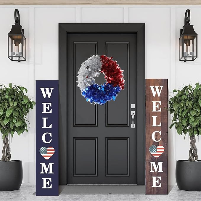 Patriotic Wreath for Front Door Red White Blue Wreath 4th of July Wreaths for Door Wall Memorial Day Decor Independence Day Hanging Decoration for Outside Home Farmhouse Holiday (Shiny B)
