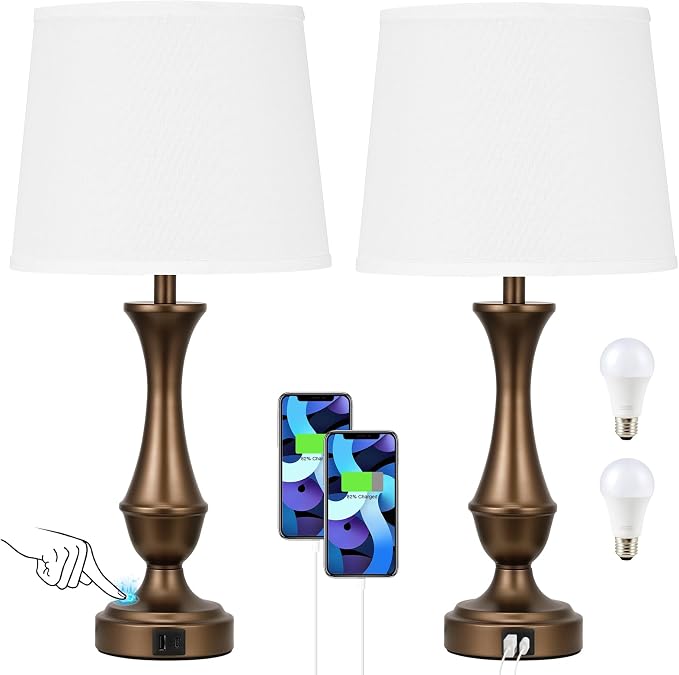 Seealle Upgraded Touch Lamps for Night Stands Set of 2 - Bedside Lamps with USB C+A, 3 Way Dimmable for Bedroom Living Room End Tables Office (White&Brown)
