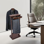 Suit Valet Stand Wood Valet Stand for Man, Wooden Clothing Valet Stand with Contour Hanger, Drawer, Trouser Bar, Tie Bar and Base, Mens Valet Stand for Entryway Office Living Room