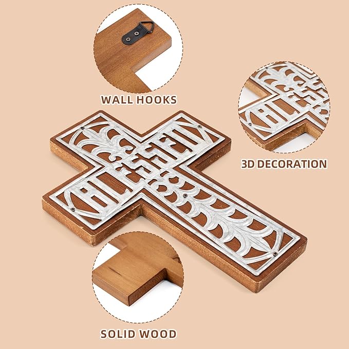 Wall Wooden Cross Christians Spiritual Religious Gifts With Hook on Hanging Wall Or Table With Blessed For Church Home Room Decoration For Christmas (Iron Blessed)