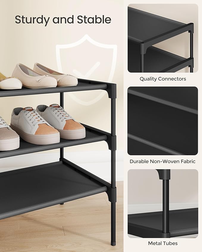 SONGMICS Shoe Rack, 3-Tier Shoe Storage Organizer, Space-Saving, 11.7 x 24.5 x 21 Inches, Entryway, Metal Frame, Non-Woven Fabric Shelves, Ink Black ULSH023BH01