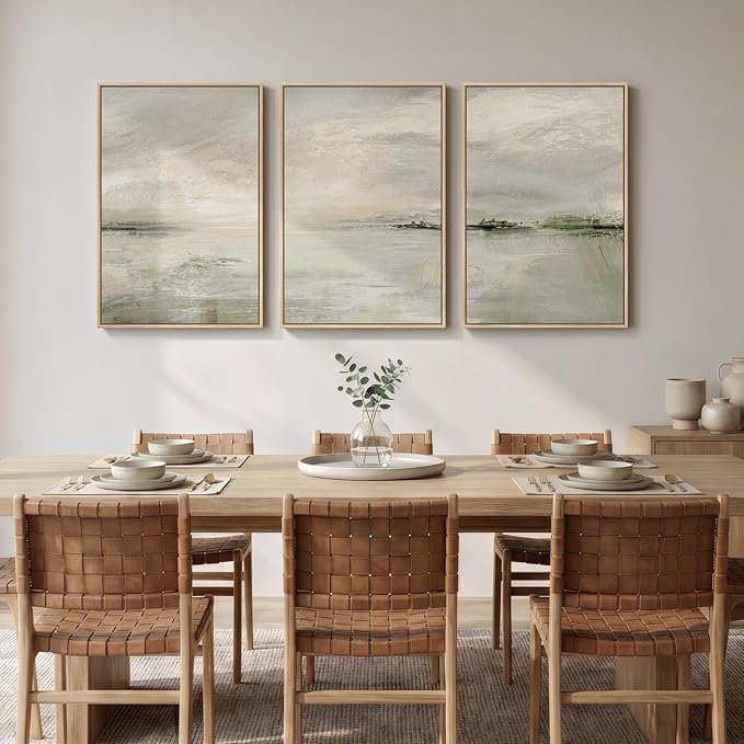Framed Sage Green Abstract Landscape Wall Art for Bedroom, 3 Piece Modern Canvas Prints Paintings Artwork for Walls, Minimalist Nature Pictures for Living Room Dining Room Hallway Wall Decor 16x24 In