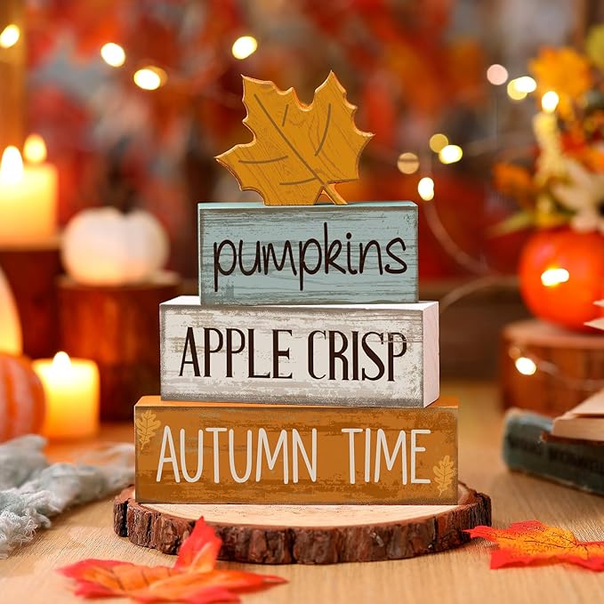 Lineshading 4 Pcs Fall Decoration for Home Wooden Maple Leaf Fall Tiered Tray Decor Thanksgiving Table Centerpiece Rustic Decorative Maple Leaf Block Signs Gift Farmhouse Autumn Decoration for Home