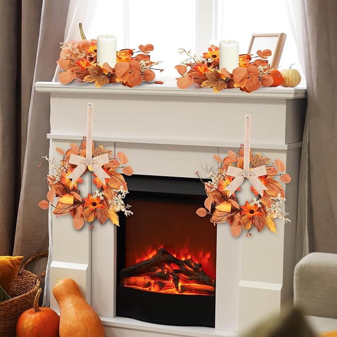 4 Pcs 3 Inch Fall Floral Wreaths Autumn Harvest Sunflowers Pumpkins Leaves Berries Hanging Candle Rings Wreath Mini Thanksgiving Table Centerpiece Wreath for Pillar Cabinets Farmhouse Decoration