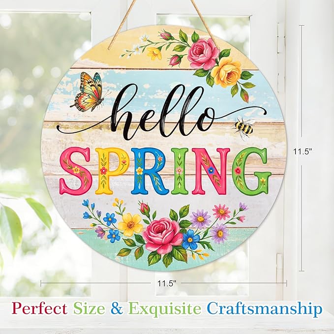 PETCEE Hello Spring Door Sign - 11.5" Colorful Flowers Welcome Wreath for Front Door Spring Decorations Farmhouse Porch Decor Rustic Round Wreath Sign Hanging Wall Plaque Easter Home Outdoor Decor