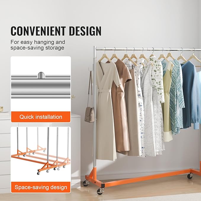 VEVOR Z Rack, 300 lbs Industrial Grade Z Base Garment Rack, 24" x 63" x 71" Clothes Rack, Sturdy Steel Heavy Duty Clothing Rack w/Lockable Casters for Home Garment Store Orange