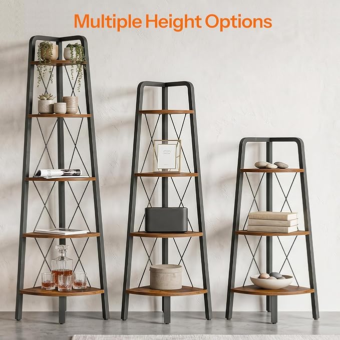HOOBRO Corner Shelf, 3-Tier Corner Shelf Stand, 40” Tall Ladder Bookshelf, Industrial Corner Display Shelf Plant Stand for Living Room, Kitchen, Home Office, Rustic Brown BF143CJ01