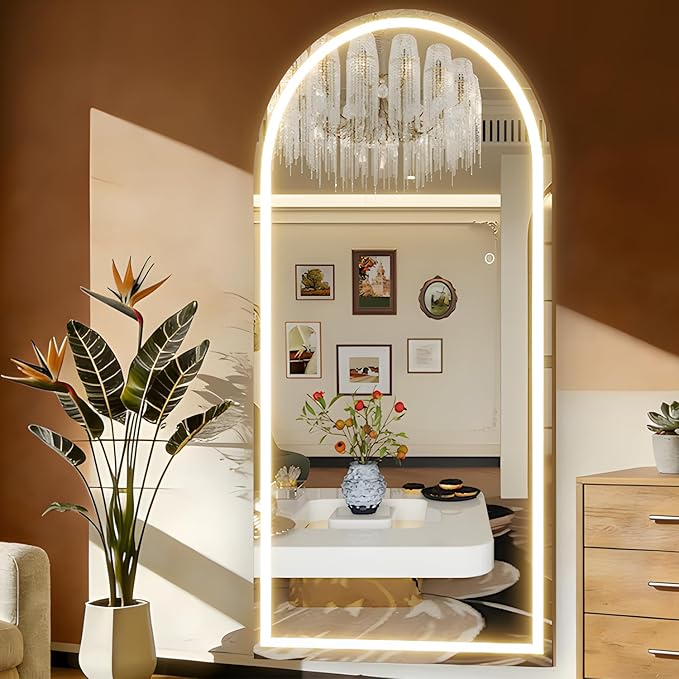 Arched 71"x32" Full Body Mirror with Light, LED Floor Mirror, Wall Mounted Dimming & 3 Color Lighting for Bedroom, White