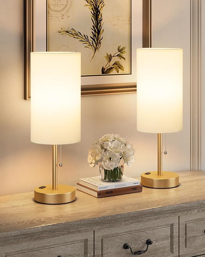 Fenmzee Plus Gold Bedside Lamps Set of 2-3 Color Temperatures Pull Chain Lamp with AC Outlet Charging Port, Round Night Stand Lamps for Bedroom, Bed Side Light with E26 LED Bulbs