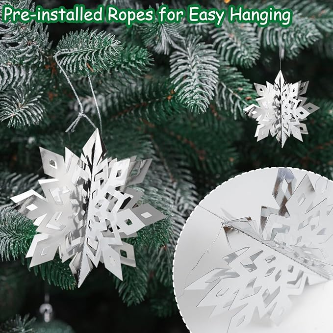 OuMuaMua Christmas Snowflake Decorations Indoor, 24PCS 3D Silver Hanging Snowflakes Garland for Winter Wonderland Decor Xmas Christmas Party Baby Shower Holiday Home Decorations