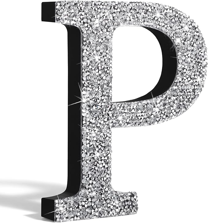 Qunclay 8'' Silver Crystal Diamond Bling Letters Crushed Diamond Decoration Wooden Glitter Letter with Screw and Hooks Rhinestone Gift for Wedding Y2k Mcbling Bedroom Wall Decor (Letter P)