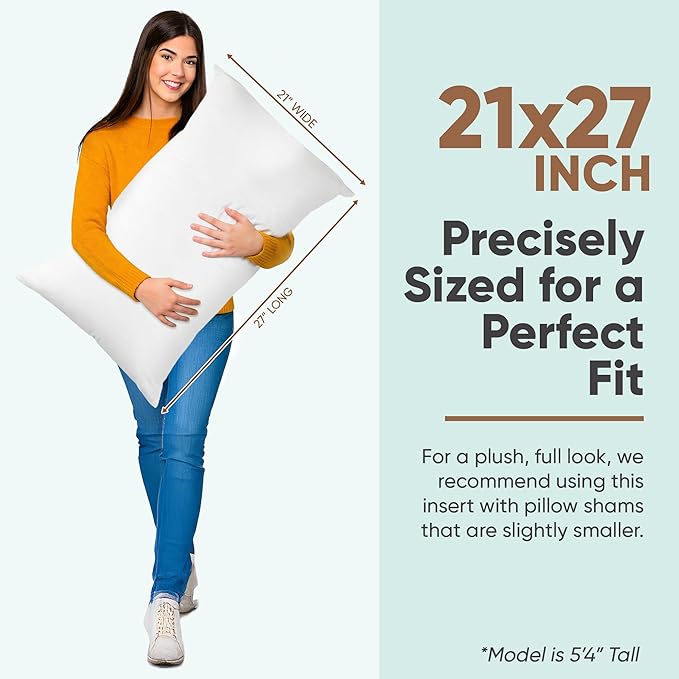 Pillowflex Synthetic Down Pillow Insert - 21x27 Down Alternative Pillow, Ultra Soft Oversized Standard Bed Sleeping Pillow, Large Rectangle Sham - 1 Decorative Pillow Form