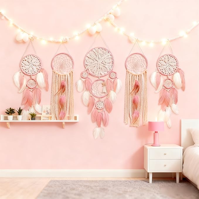 Dream Catcher Wall Decor,Large Boho Dream Catcher with Luxurious Feathers & Beads, Handmade Wall Hanging for Bedroom,Living Room, Gift Ready for Girls & Adults (Pink)