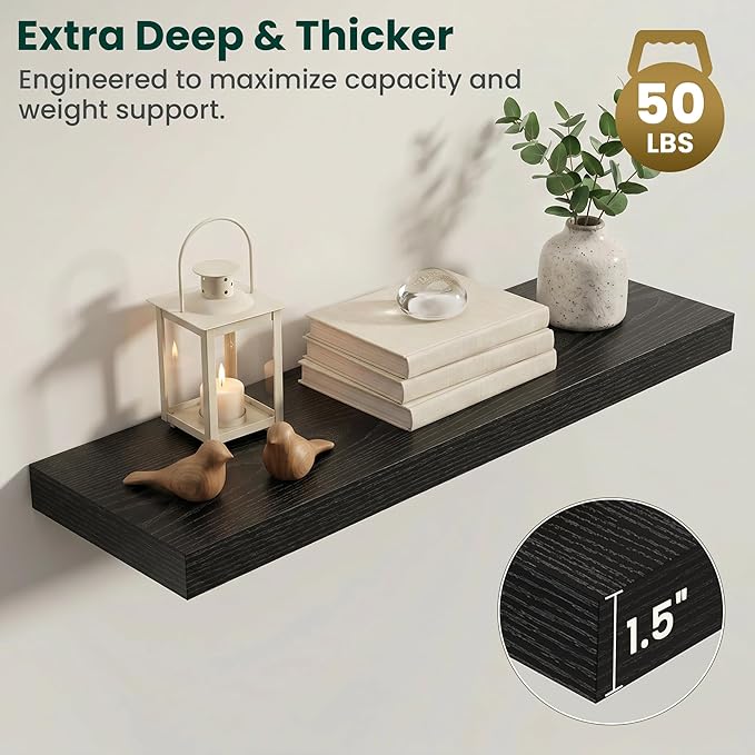 Floating Shelves for Wall 36 in x 9.3 in Deep, Wall Mounted Rustic Wood Shelf with Invisible Brackets for Storage & Display, Living Room Bedroom Bathroom, Black, 2 Pack