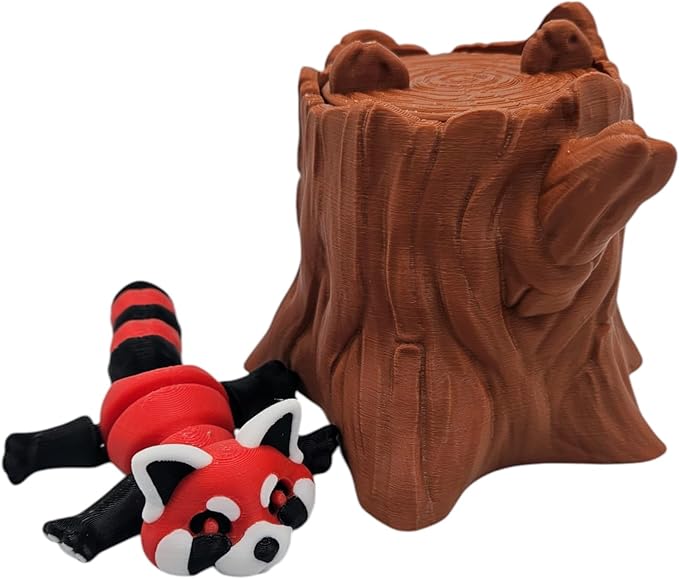 Articulating Animals Raccoon, Fox, Panda, Skunk, Possum with Containers - 3D Printed Articulated Joints ADHD, Autism, Relief Anxiety, Collectible Figurines (Red Panda Tree Stump)
