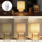 Buruis 2-Tier Table Lamp with Pleated Fabric Shade, Natural Rubber Wood Stand, UL Listed, 10'' Elegant Retro Mid-Century Bedside Lamp for Bedroom, Living Room, Bookshelf, Bulb Not Included, Beige