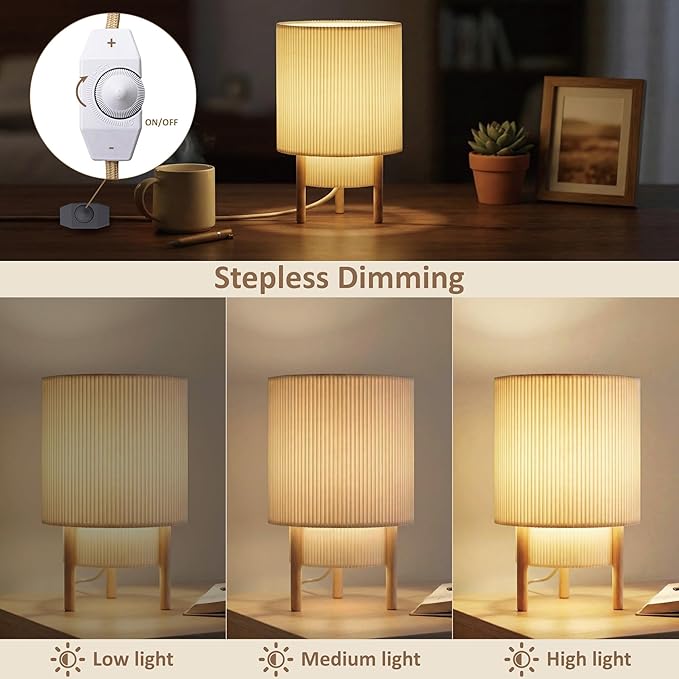 Buruis 2-Tier Table Lamp with Pleated Fabric Shade, Natural Rubber Wood Stand, UL Listed, 10'' Elegant Retro Mid-Century Bedside Lamp for Bedroom, Living Room, Bookshelf, Bulb Not Included, Beige