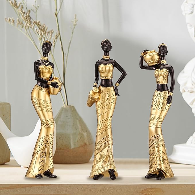 3 Pack African Art Sculptures- Vintage African Statues For Home Decor- Women's Tribal African American Figurines- Bookshelf, Office Decor- Deal For Birthday, Christmas, Thanksgiving, Mom Gifts-Gold