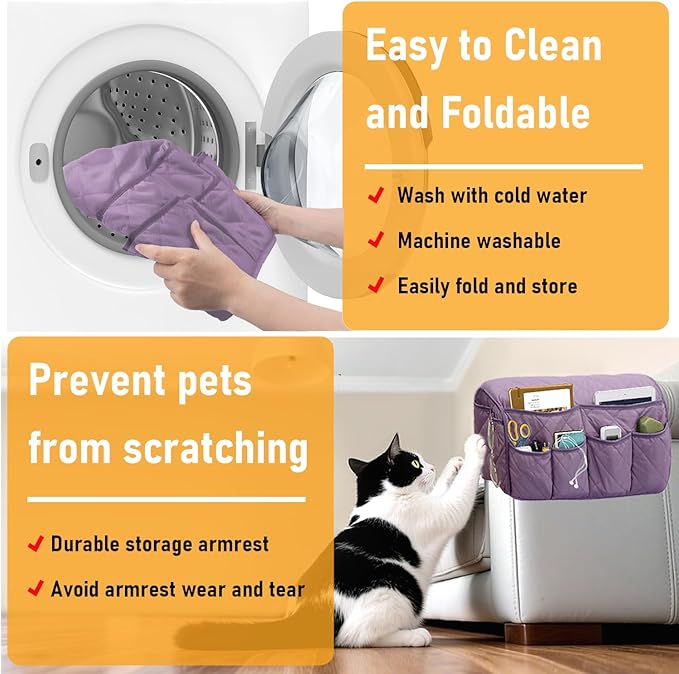 Armchair Caddy, Sofa Armrest Organizer, Non Slip Recliner Organizer, Remote Control Holder for Recliners, Recliner Arm Caddy with 14 Pockets Storage for TV Remote, Phone, Magazine (Purple)