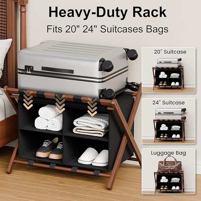 Bamboo Luggage Rack for Suitcases 2 Pack, Foldable & Easy to Assemble Suitcase Stand, Heavy Duty and Space-Saving Luggage Holder for Guest Room, Bedroom, Hotel